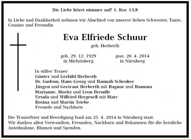 Herberth Eva Elfriede 1929-2014 Todesanzeige